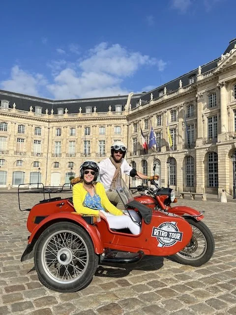 Darley exploring Bordeaux by retro sidecar
