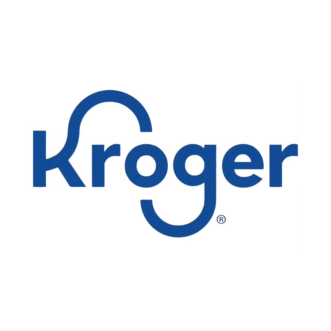 Kroger logo with blue, stylized text and curved lines above the "K" and below the "g" and "r" letters.