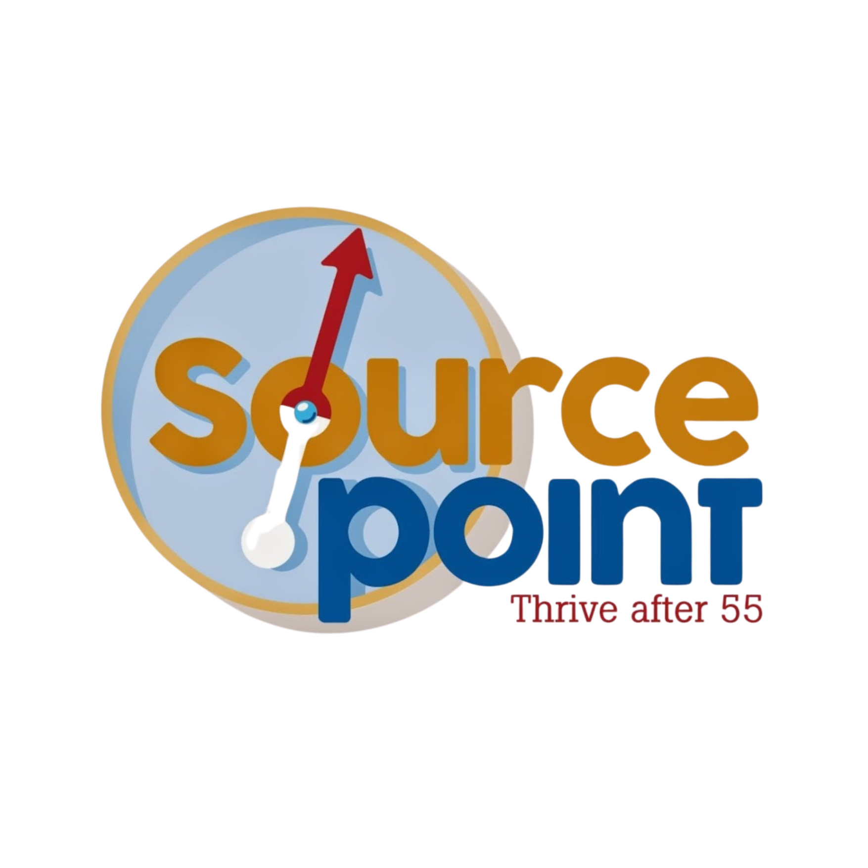 SourcePoint logo with a clock graphic, orange and blue text, and tagline "Thrive after 55" in red letters.