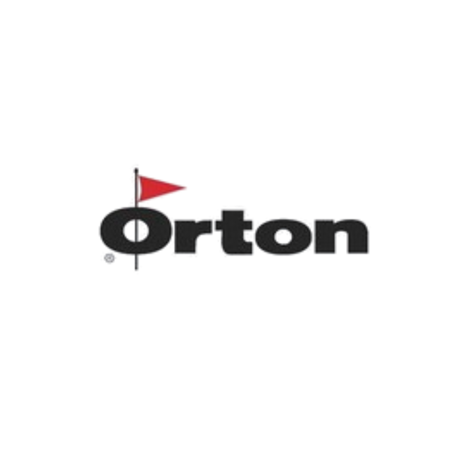 The logo for Orton in black text with a small red triangular flag on top of the letter "O.