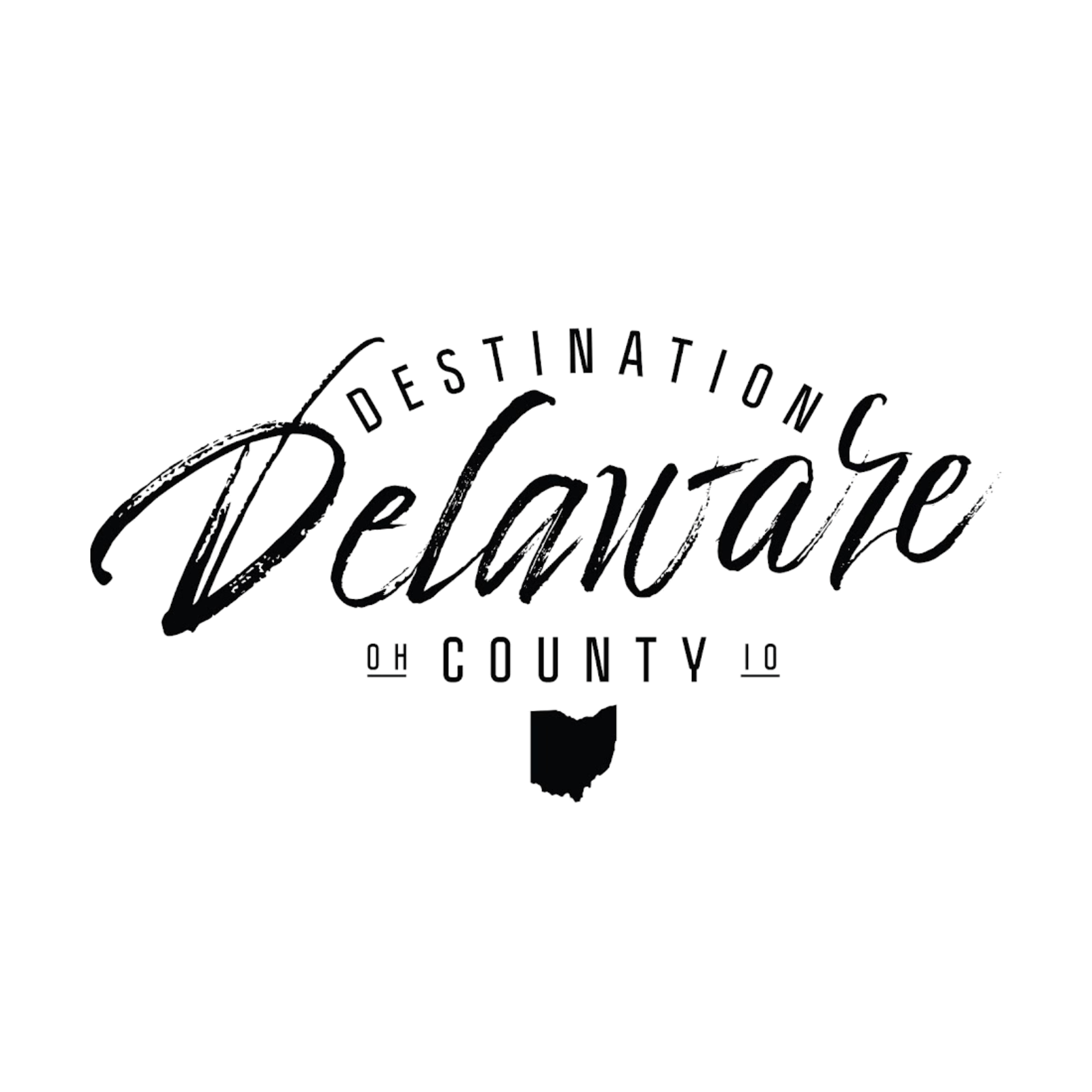 Black text logo reads "Destination Delaware County" with an outline of Ohio beneath the word "County.
