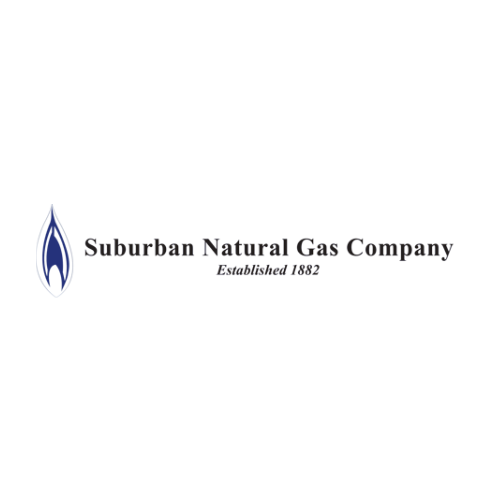 Logo for Suburban Natural Gas Company featuring a blue flame icon and the text "Established 1882.
