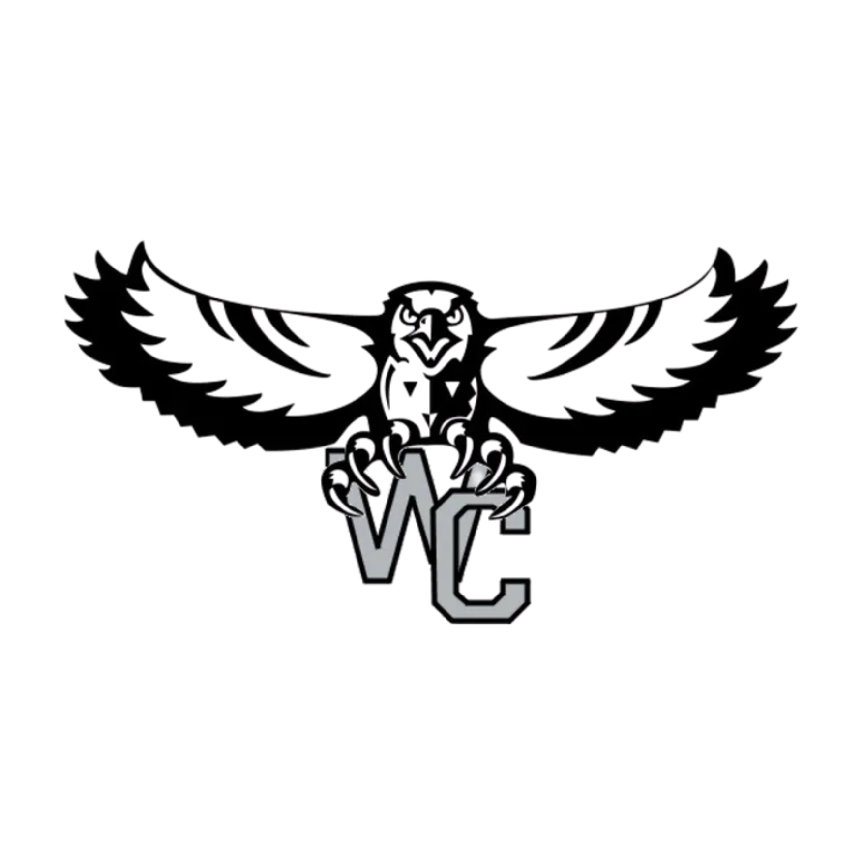 Black outline of an owl with wings spread above large white "WC" letters on a black background for Westerville Central High School.