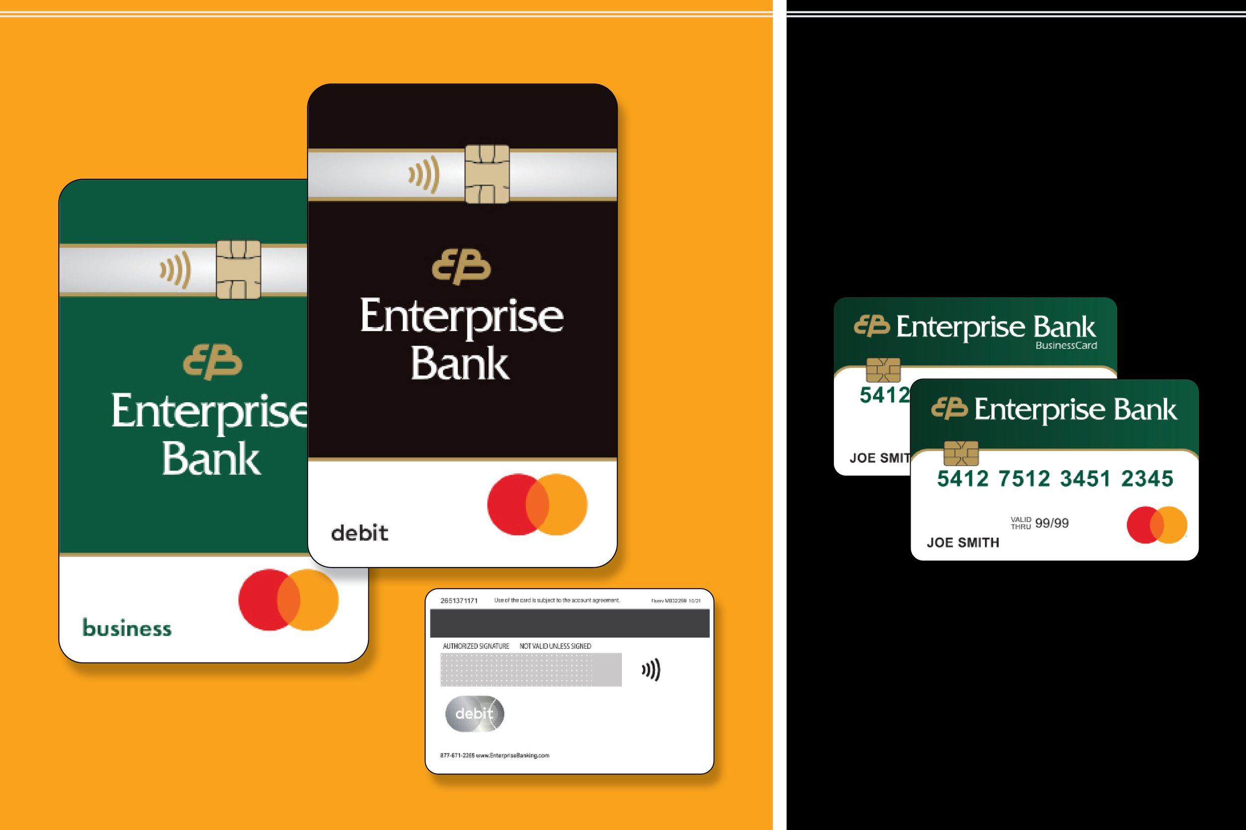 Enterprise Bank Business and Personal Debit Card redesigns. 2023 (left) and 2018 (right).