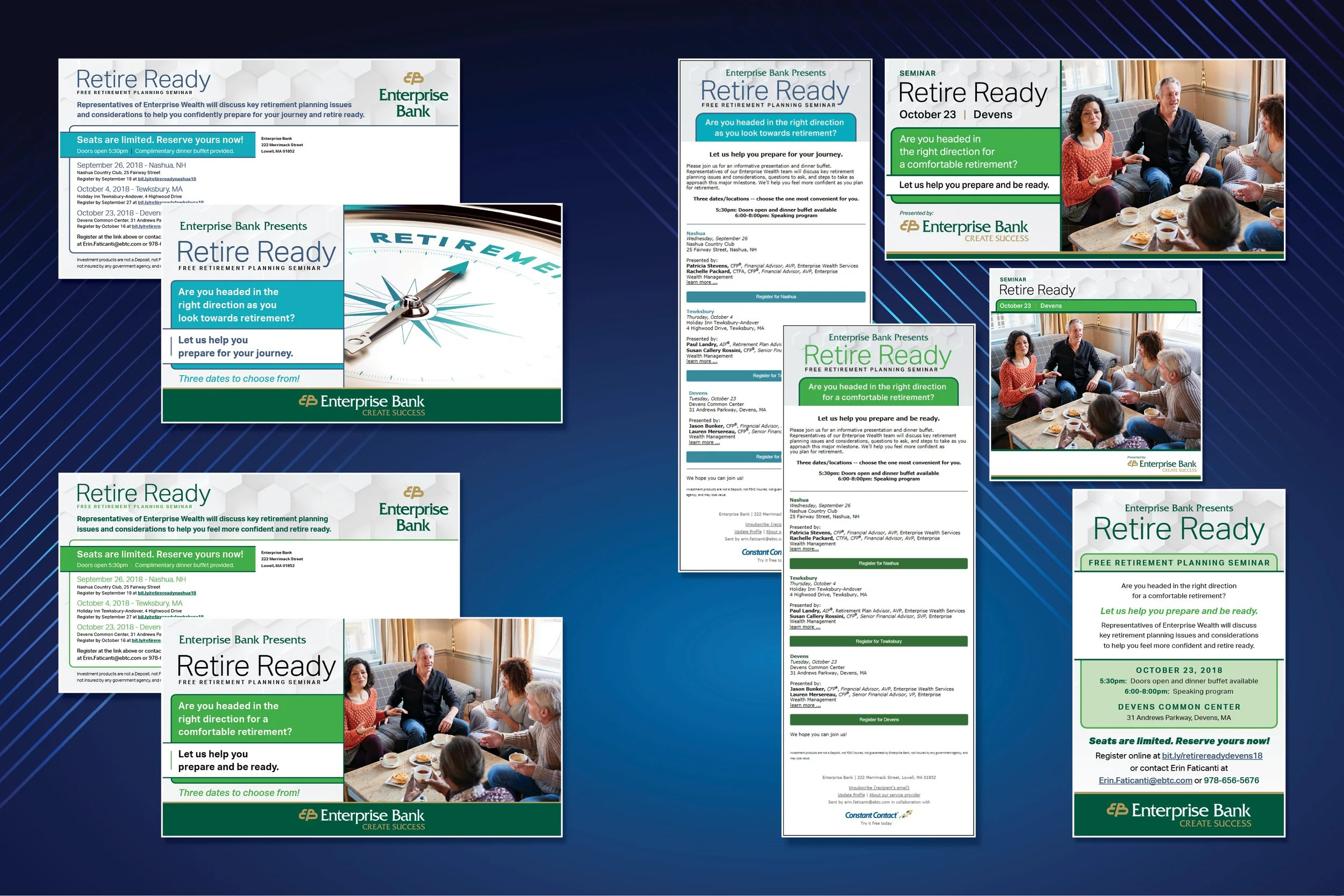 ENTERPRISE BANK - A/B Testing for Enterprise Bank's retirement seminar. Materials included: Direct mail postcards, constant contact messaging, social media promotion.