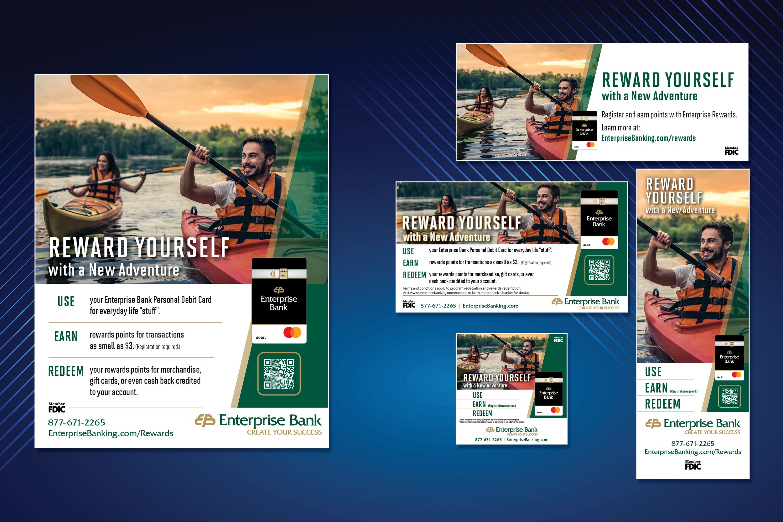 ENTERPRISE BANK - Debit Rewards Campaign. Included: sidewalk signs, posters, deposit receipts, social media graphics, ATM drive up vinyl signs, branch monitor graphics.