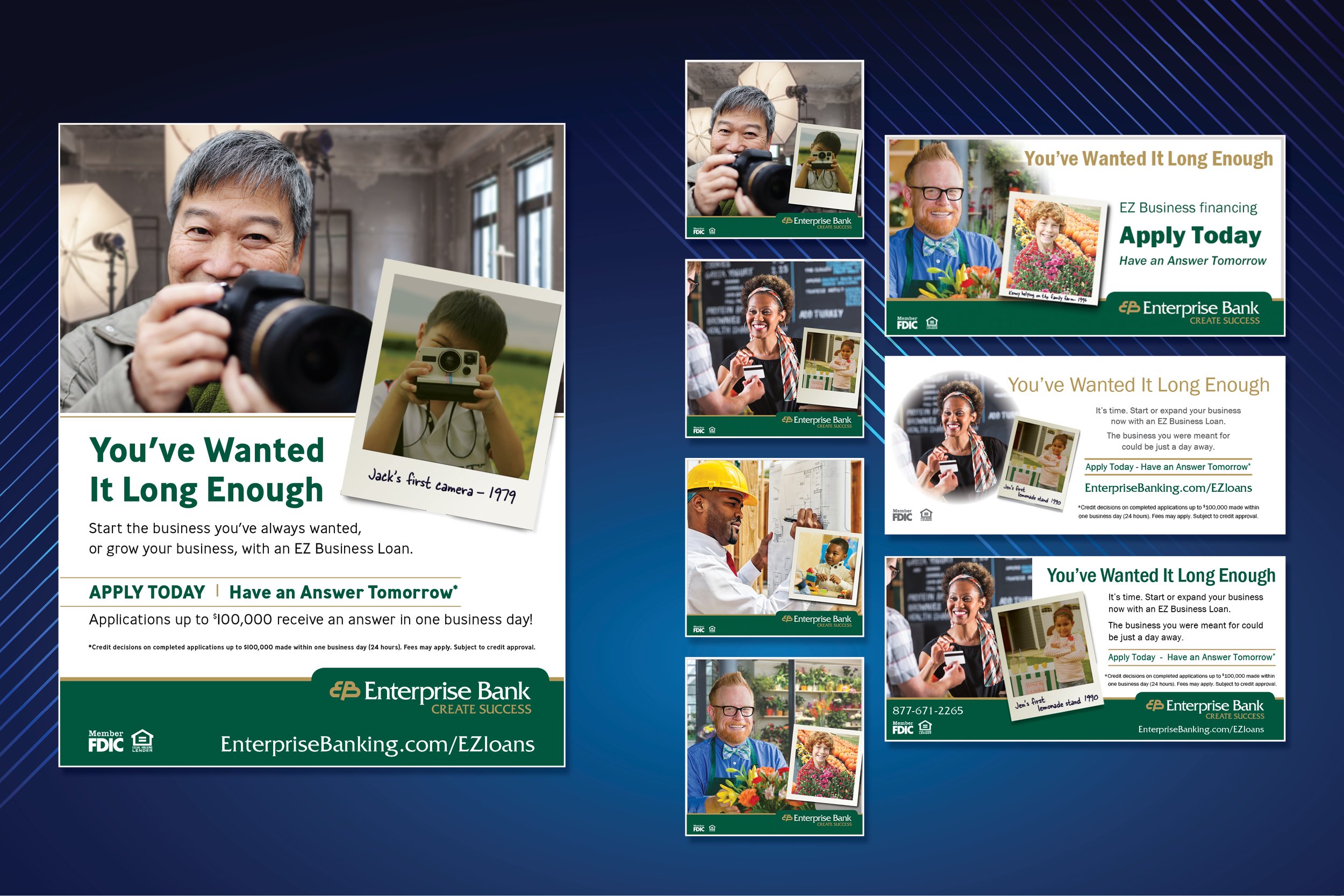 ENTERPRISE BANK - EZ Business Loan. Childhood dreams turn into business ownership as adults. Included: sidewalk signs, posters, and deposit receipts.