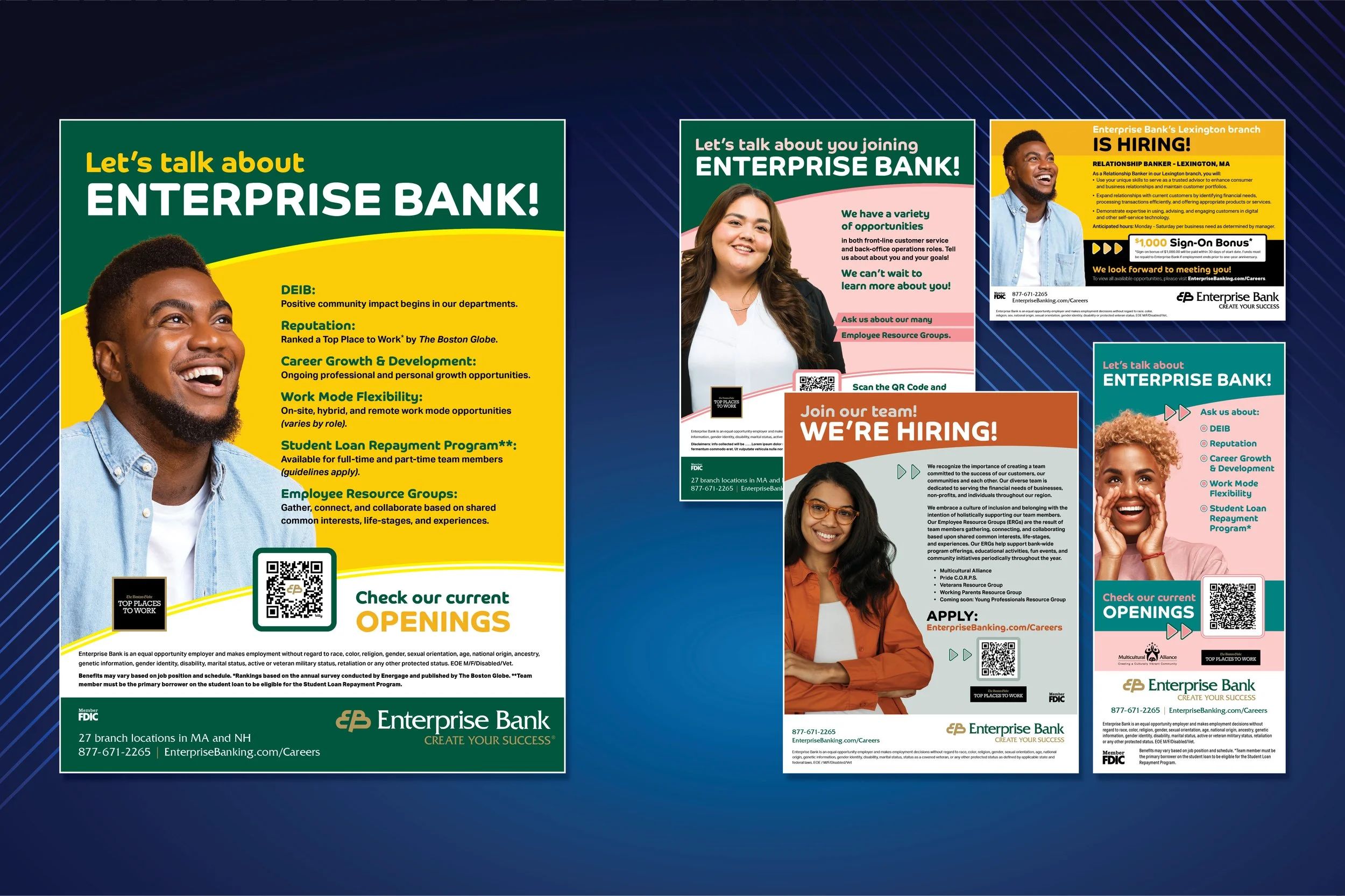 ENTERPRISE BANK - Human Resources table signs, flyers, and buckslips for recruiting at college fairs and Young Professional events.