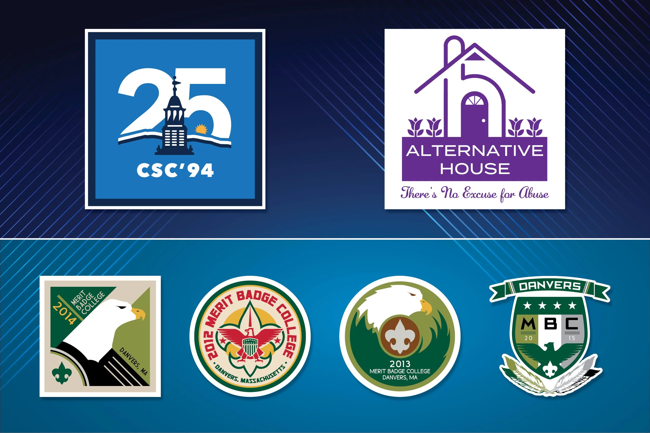 (Top Left): COLBY-SAWYER COLLEGE: Logo created for the 25th reunion celebration for the Class of '94.             

(Top Right): ALTERNATIVE HOUSE - Logo for Alternative House, a safe place for victims of domestic abuse.

(Below): DANVERS BSA TROOP 5