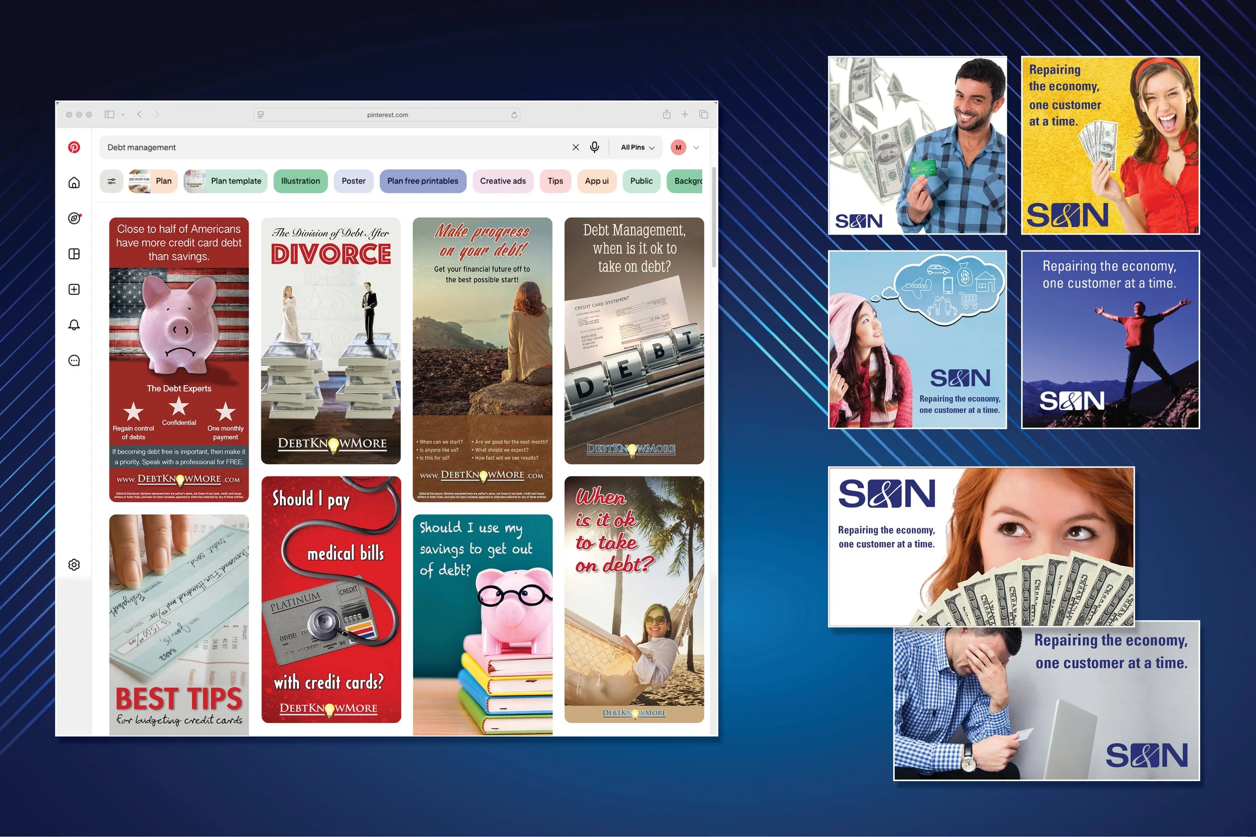 S&N DEBT SOLUTIONS - Various digital ads for Pinterest, Facebook, and Twitter (currently X).