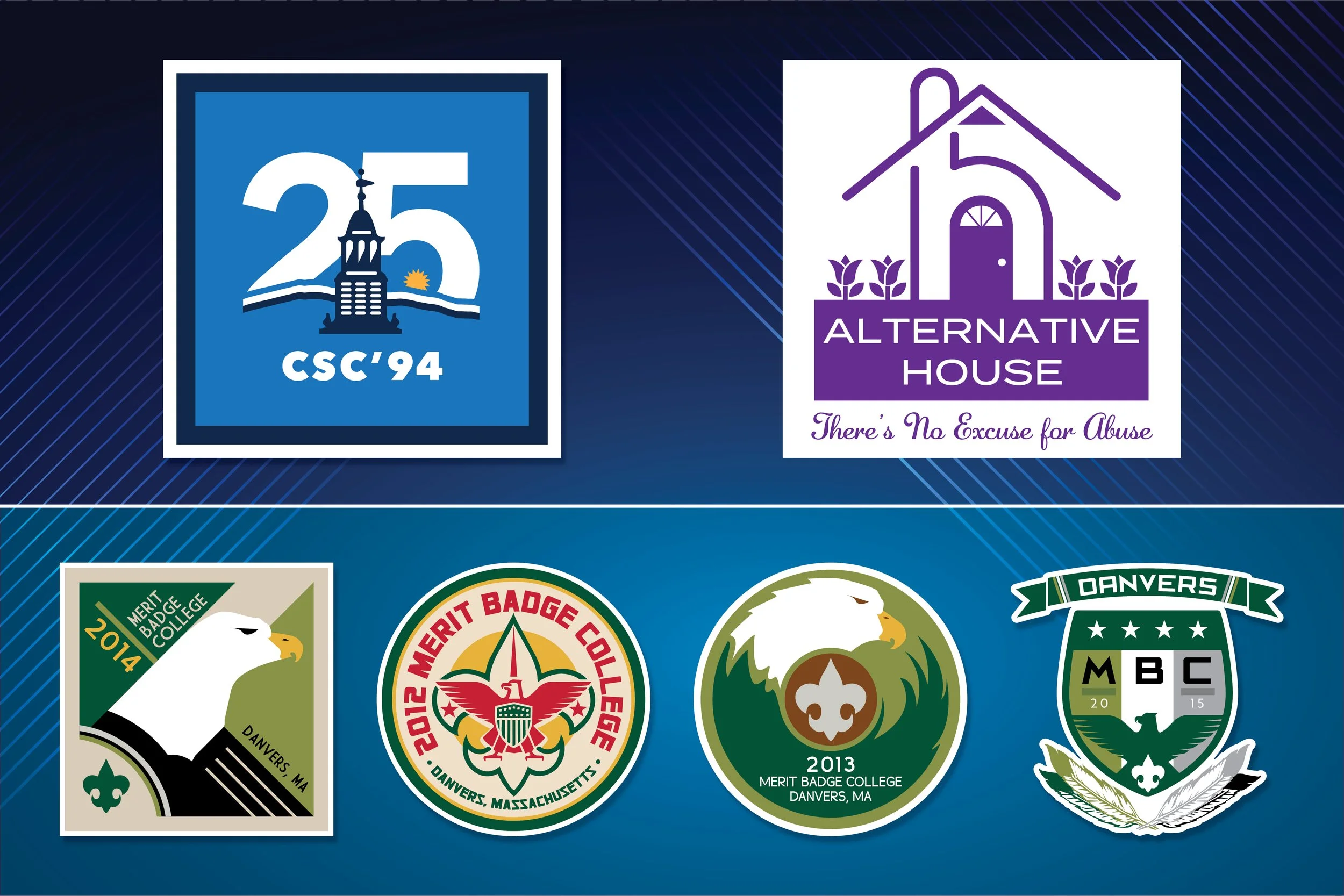 (Top Left): COLBY-SAWYER COLLEGE: Logo created for the 25th reunion celebration for the Class of '94.
(Top Right): ALTERNATIVE HOUSE - Logo for Alternative House, a safe place for victims of domestic abuse.
(Below): DANVERS BSA TROOP 5