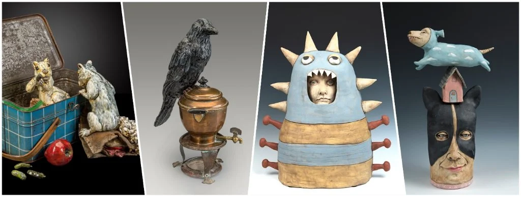 Squirrels in lunchbox, raven on copper pot, child inside monster costume, dog flying over head