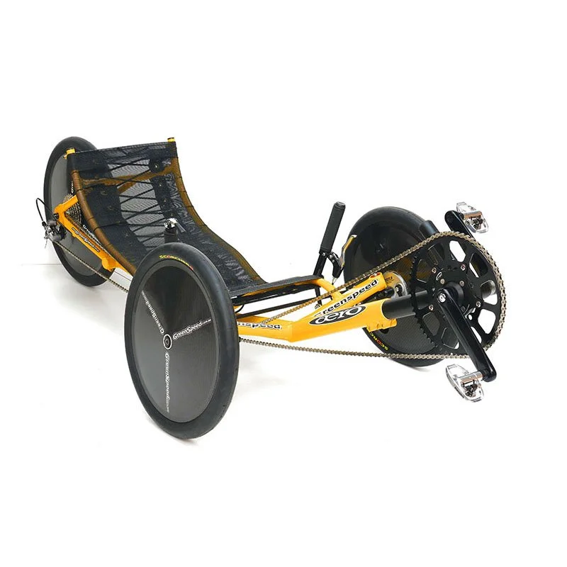 Recumbent tricycle with three wheels and a yellow frame