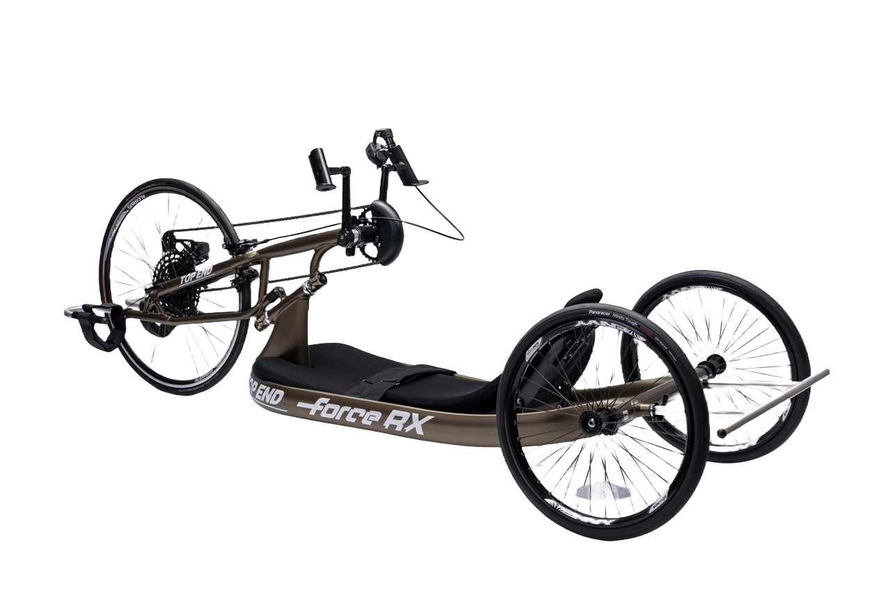 A black and silver handcycle with three wheels, featuring a reclining seat and handlebars. The design suggests it's built for speed and agility, likely used for racing or active mobility.