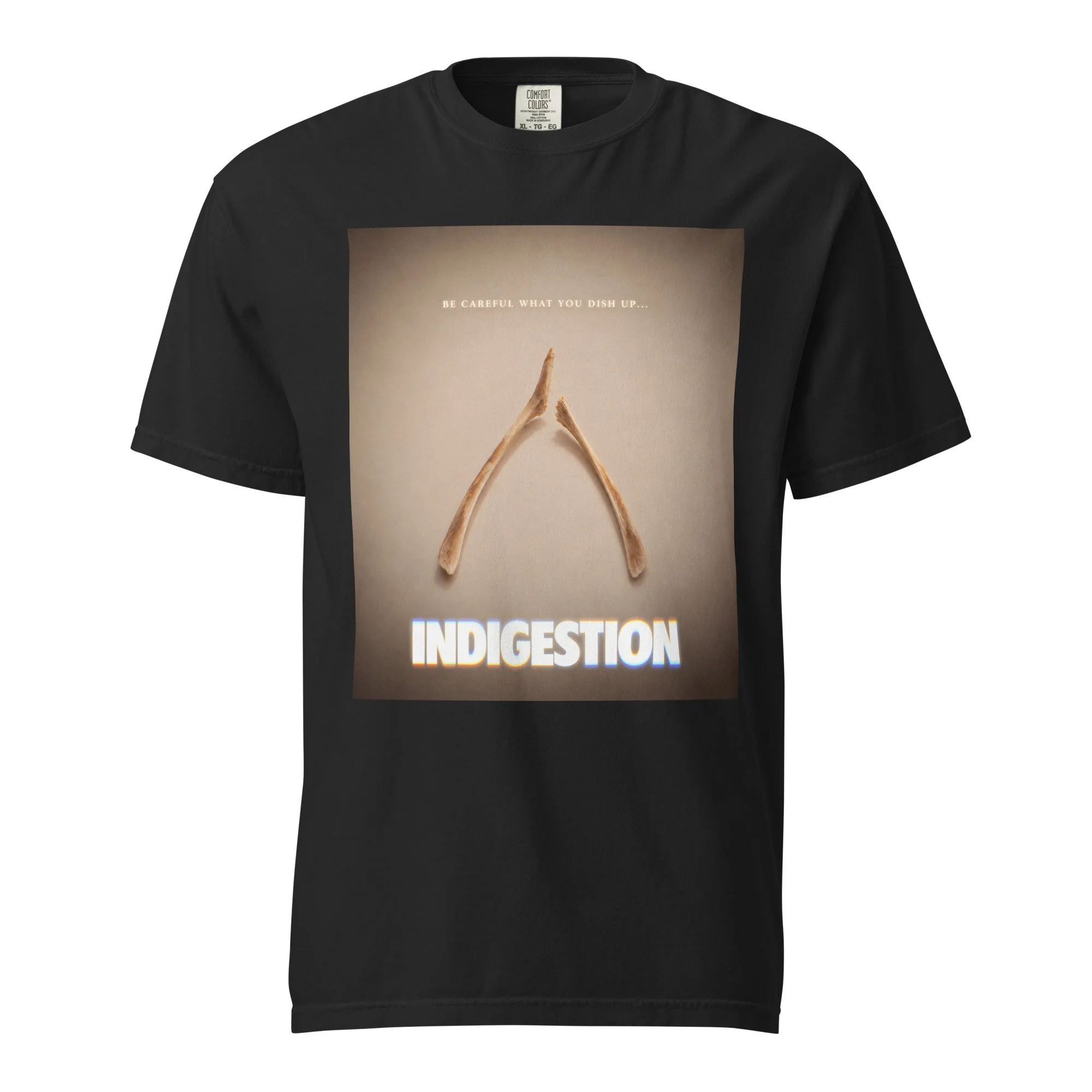 Black Comfort Colors 1717 T-shirt featuring the FuHoSh Indigestion broken wishbone Thanksgiving design on the front.