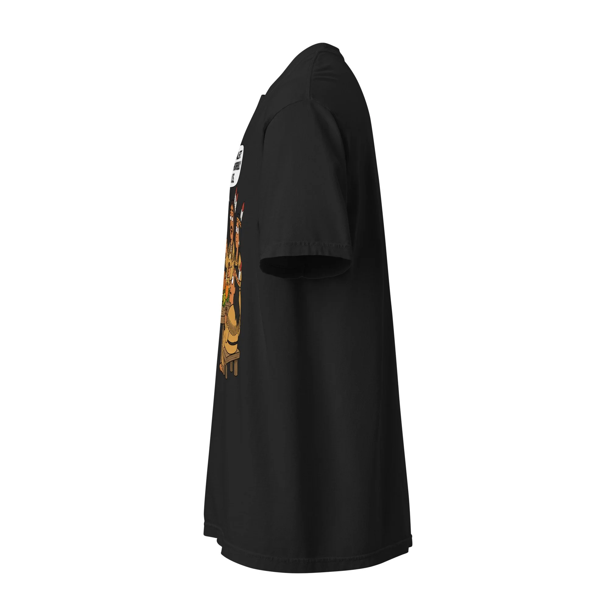 Left-side view of the black Comfort Colors 1717 T-shirt with the FuHoSh Spoiler Alert Thanksgiving design.