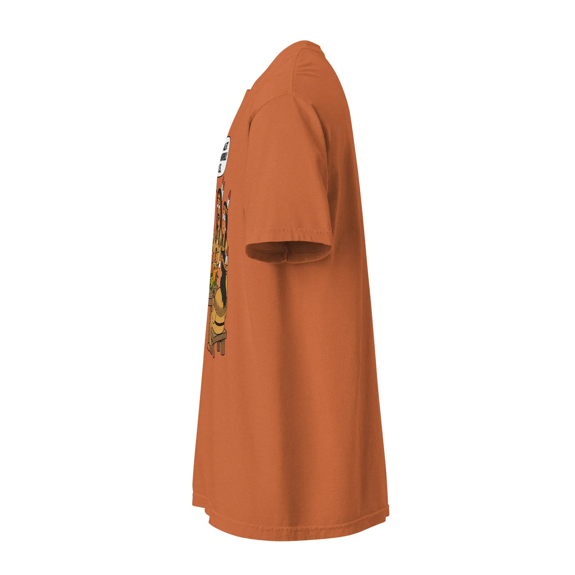 Left-side view of the yam Comfort Colors 1717 T-shirt with the FuHoSh Spoiler Alert Thanksgiving design.