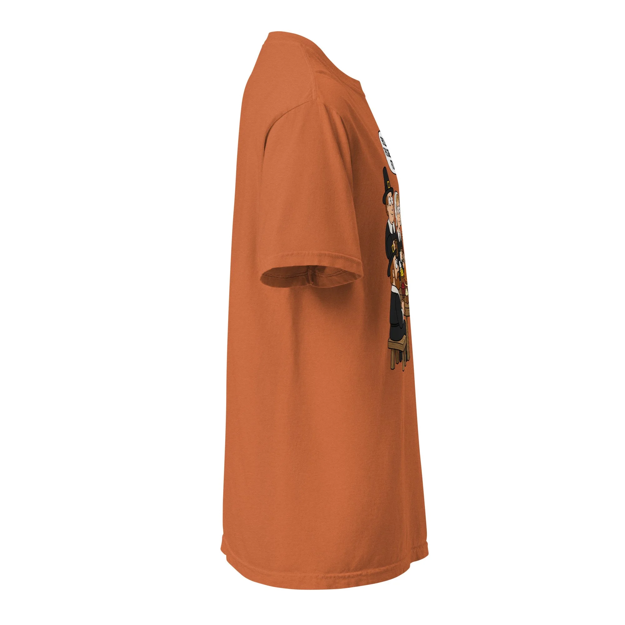 Right-side view of the yam Comfort Colors 1717 T-shirt with the FuHoSh Spoiler Alert Thanksgiving design.