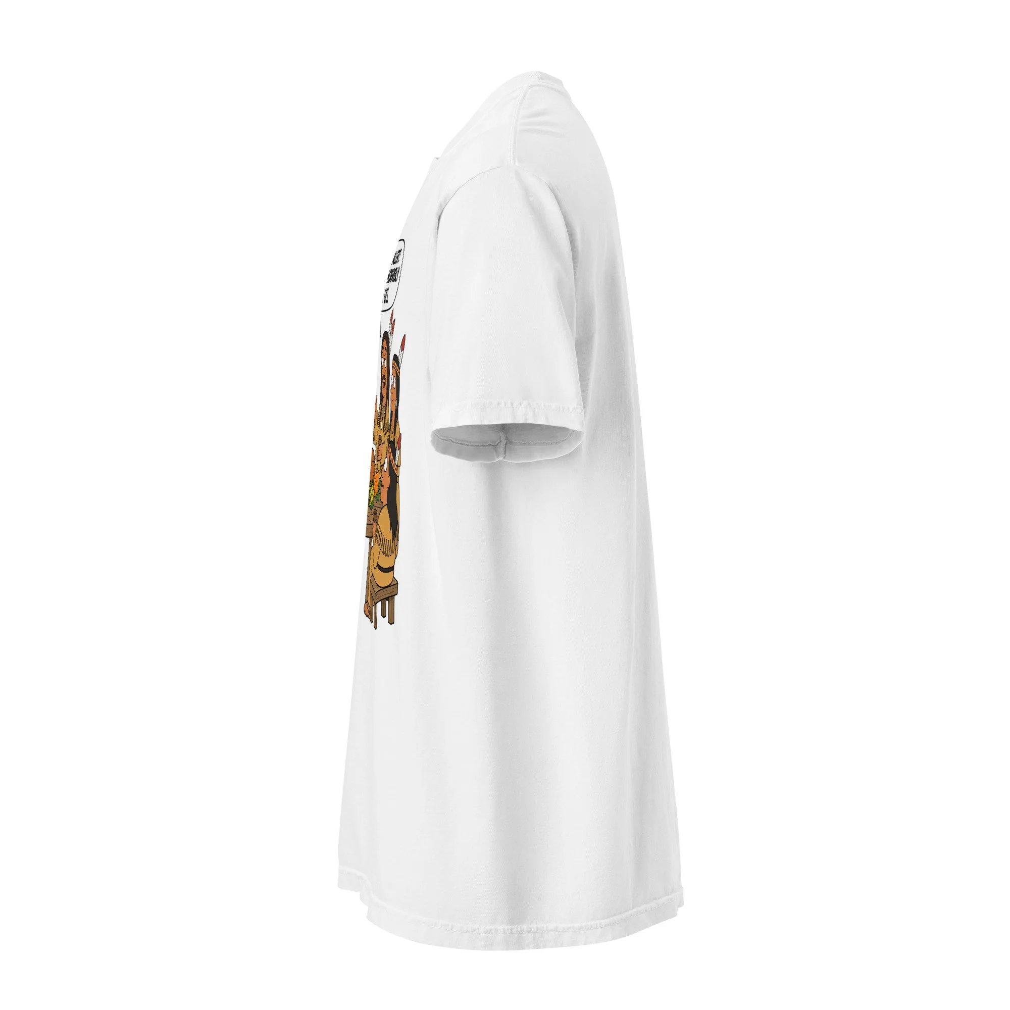Left-side view of the white Comfort Colors 1717 T-shirt with the FuHoSh Spoiler Alert Thanksgiving design.