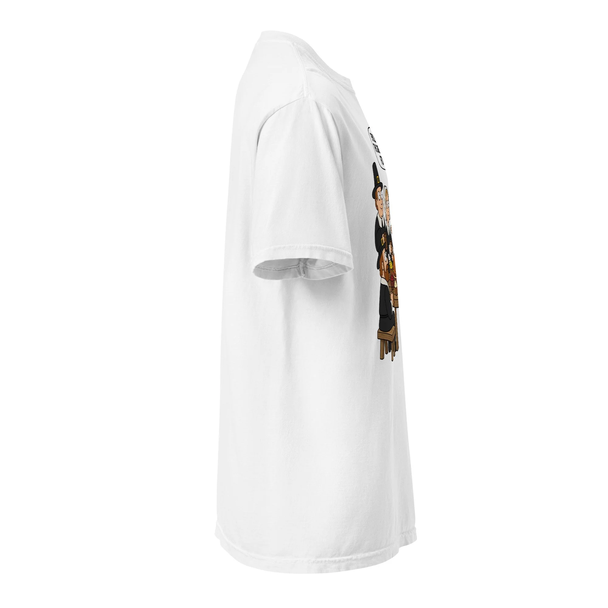 Right-side view of the white Comfort Colors 1717 T-shirt with the FuHoSh Spoiler Alert Thanksgiving design.