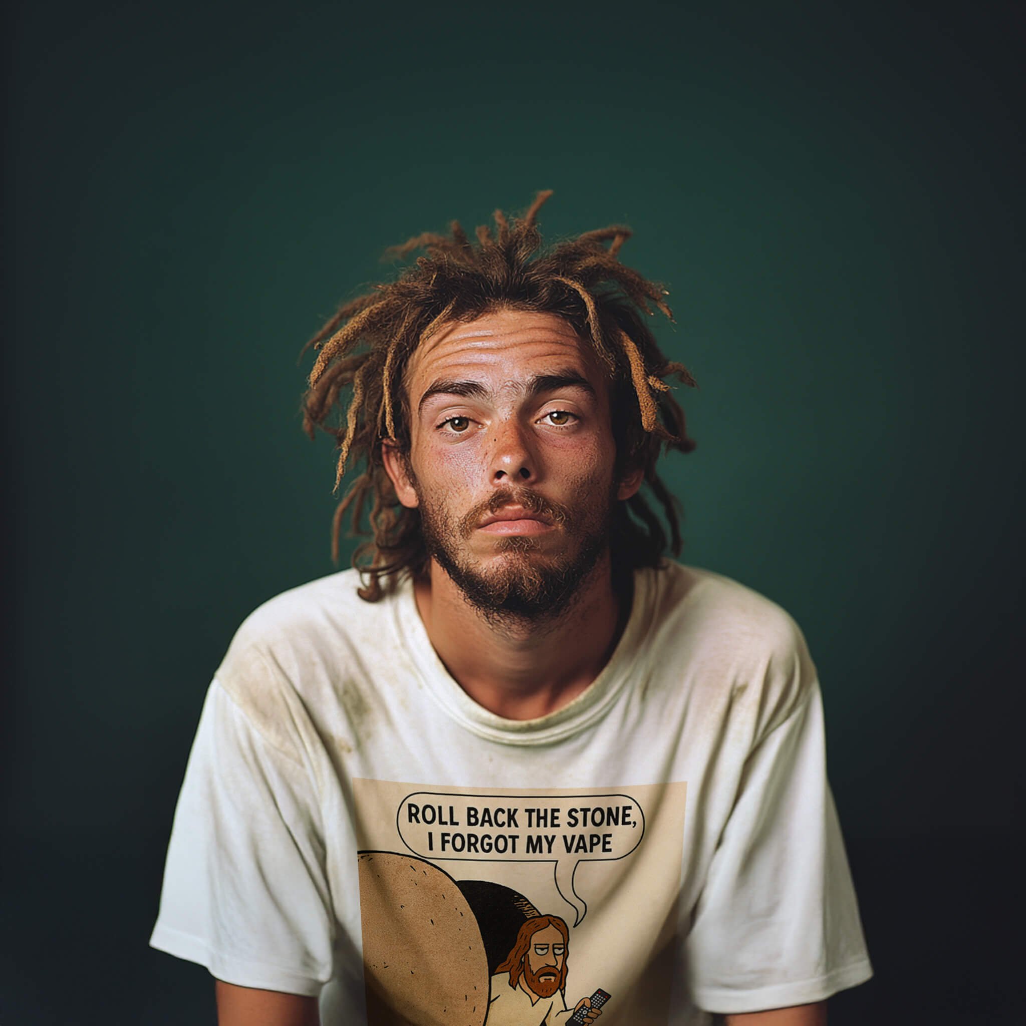 Easter - I Forgot My Vape shirt by FuHoSh featuring a cartoon Jesus coming out of the tomb with a remote in his hand with the caption "Roll back the stone. I forgot my vape."