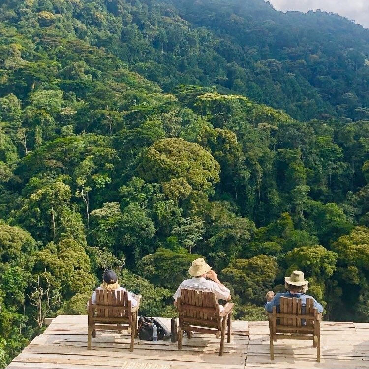Three people sitting on chairs on a wooden platform overlooking a lush, green forested mountain landscape.