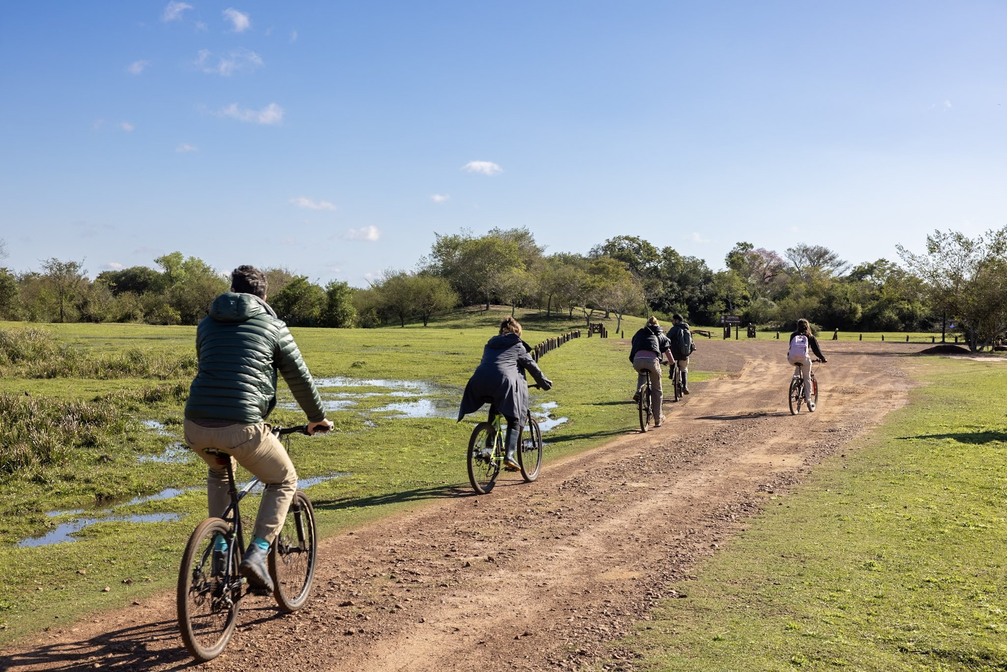 Group of five people riding bicycles on a dirt path through a grassy park under a clear blue sky.