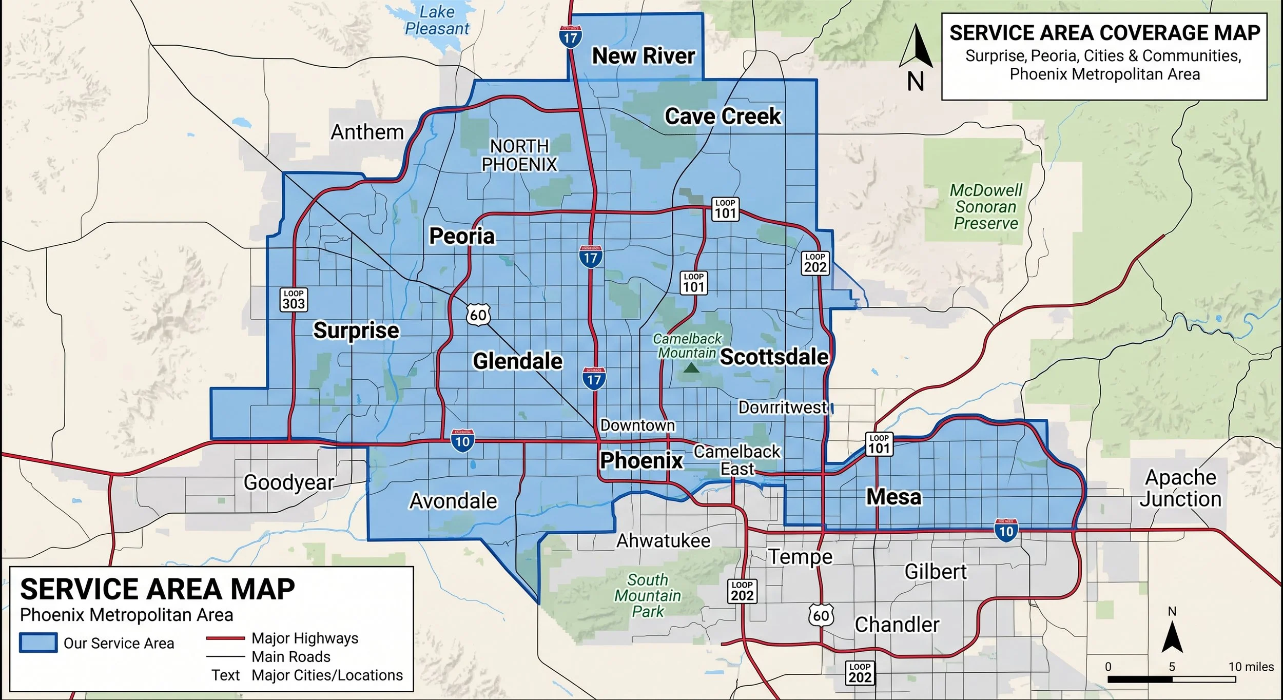 Map showing service area covered of major cities like Phoenix, Surprise, Glendale, Peoria, Scottsdale, Mesa, and Chandler labeled.