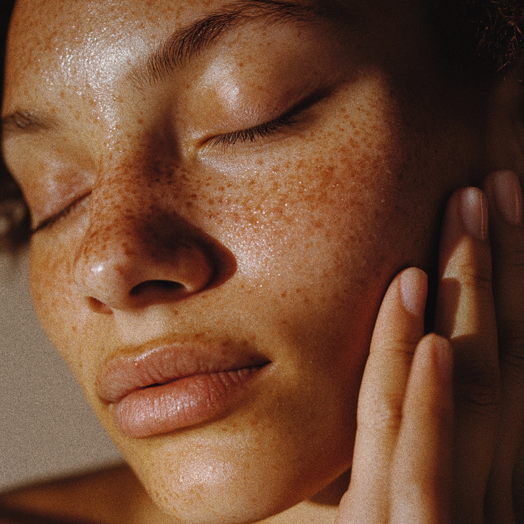 Close-up of a person with closed eyes, freckles, dewy skin, and lips, touching their face gently.
