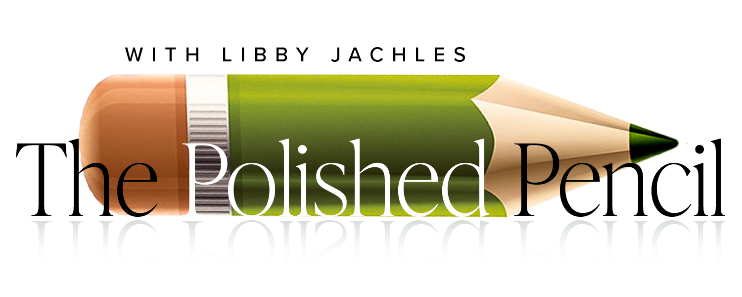 A horizontally oriented green colored pencil with a graphite tip and an eraser at the end. Overlaid text reads "the Polished Par".