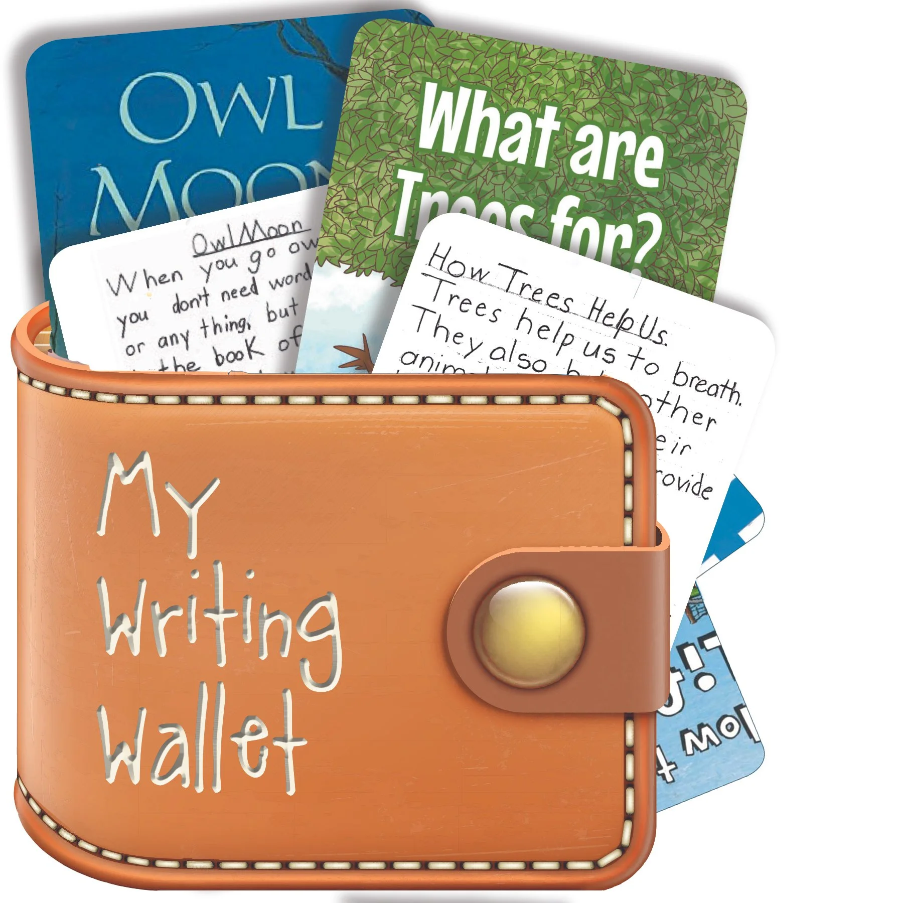 The image shows a cardboard box with the words 'My Writing Wall' on it. Inside the box, there are several educational cards, one of which has the question 'What are Trees for?' on a green, leafy patterned background, and another card explains how trees help us breathe.