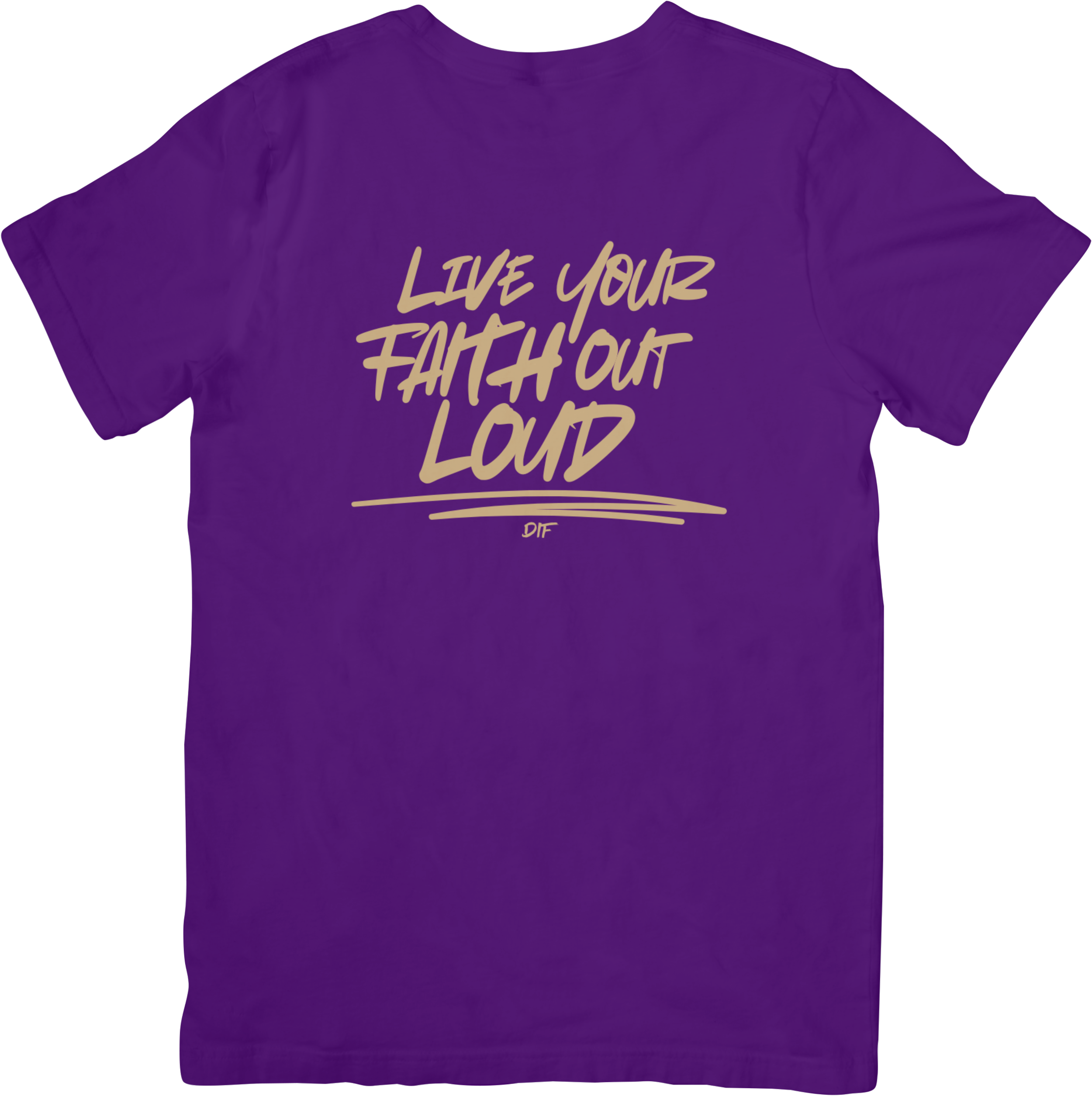 Black T-shirt with the phrase 'Live Your Faith Out Loud' printed in white and red text, with a red underline and 'DIF' written beneath.
