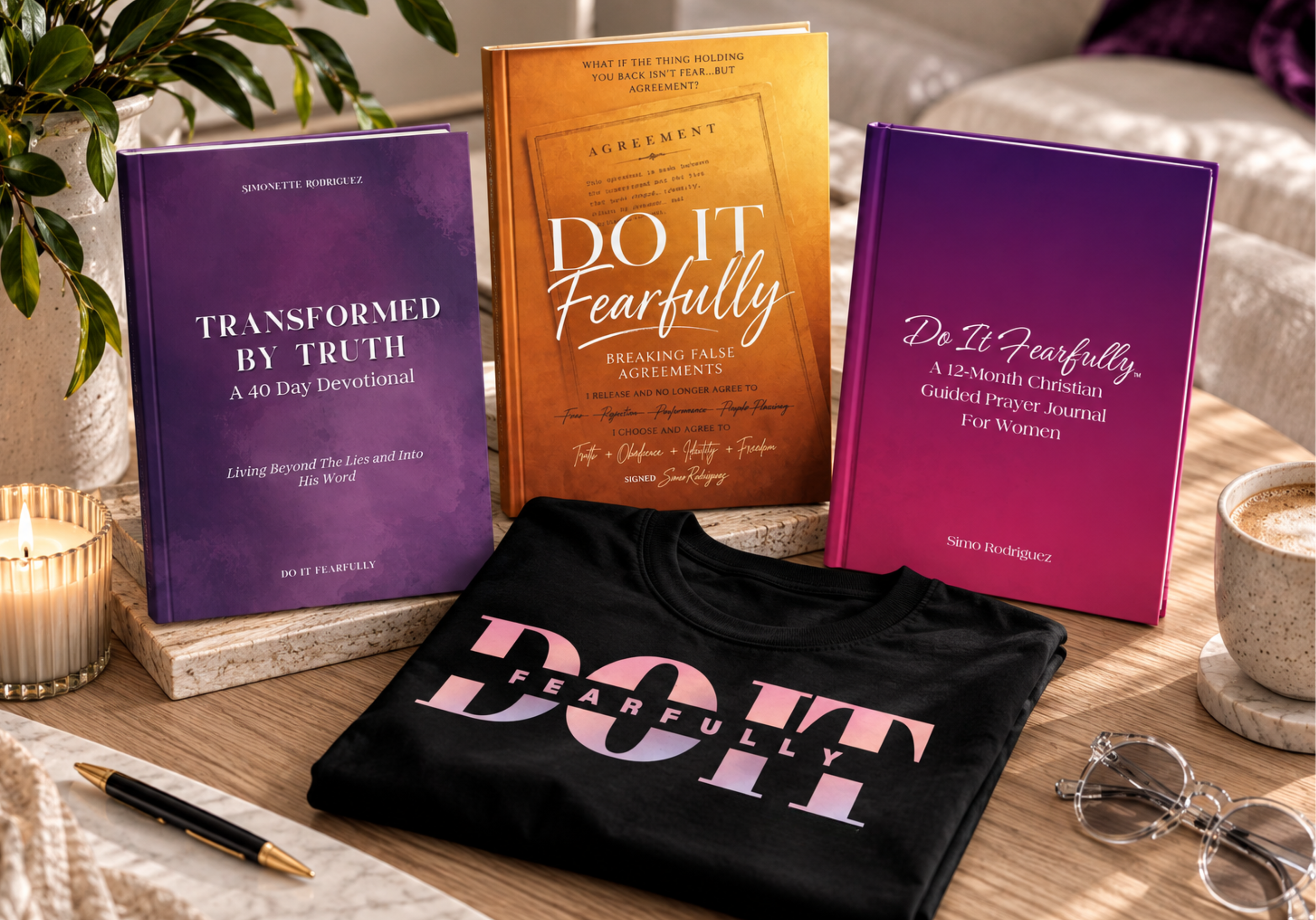 Table display of three books with educational and motivational titles, a black t-shirt with pink text, a gold pen, a lit candle, a pair of glasses, and a plant in a pot in the background.