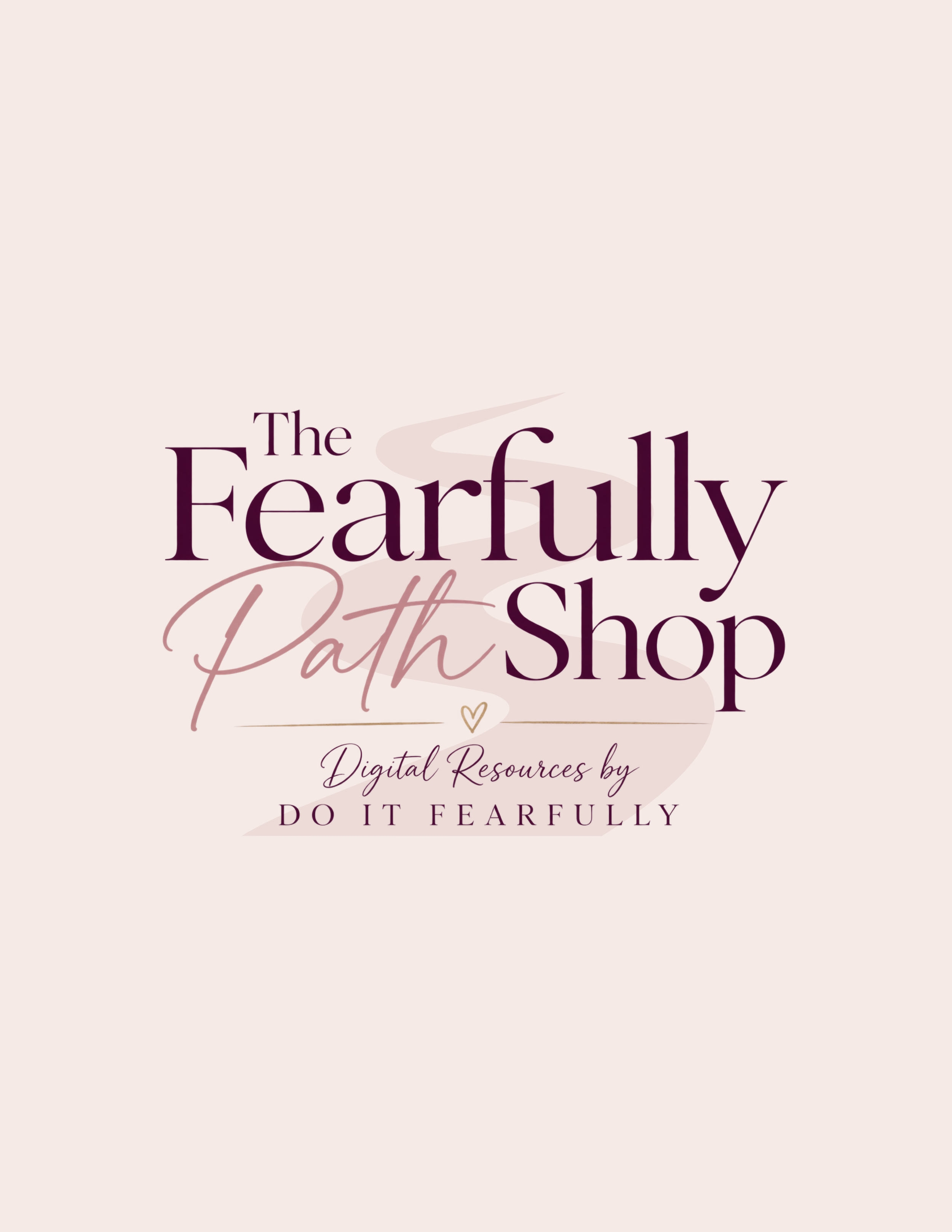 Book cover titled 'The Fearfully Path Shop' with subtitle 'Digital Resources by Do It Fearfully' in elegant font on a soft pink background.