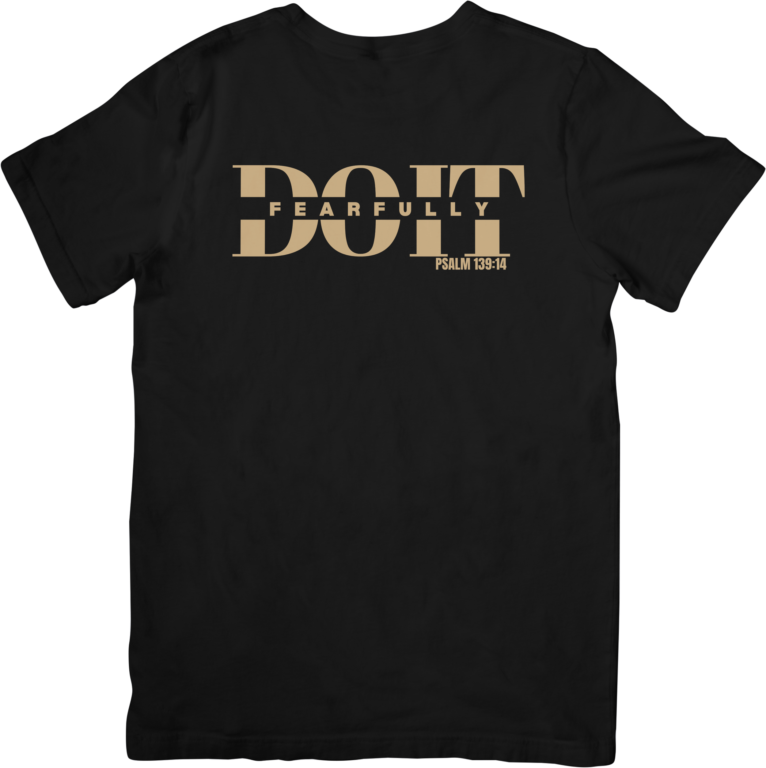 Cream-colored T-shirt with purple text that reads 'Do It Fearfully' across the chest, and a Bible verse reference 'Psalms 139:14' in small purple text at the bottom right of the design.