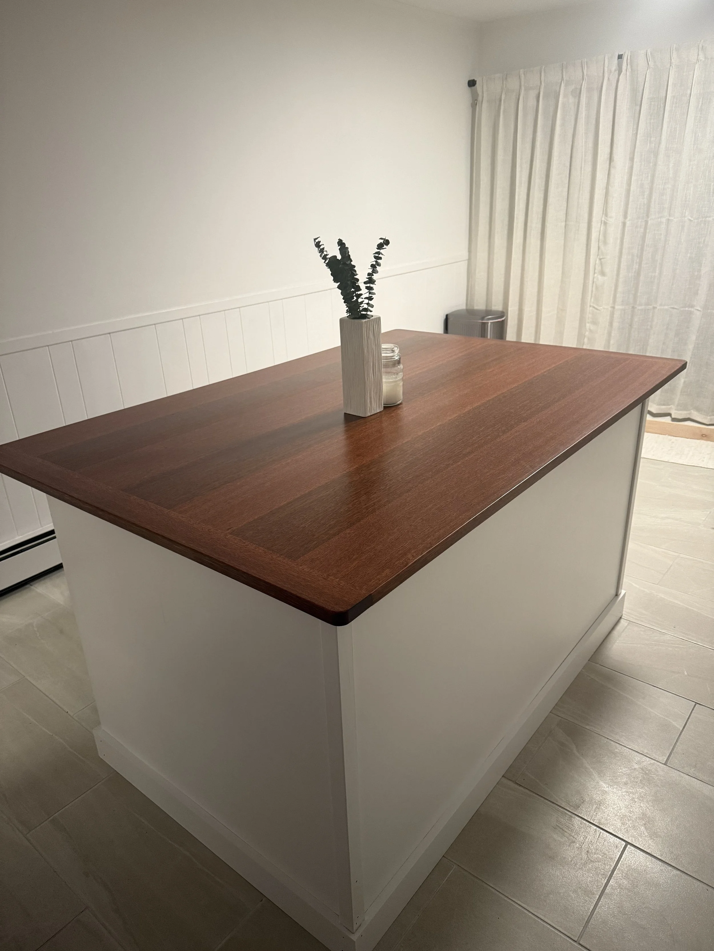 Custom 3x5 mahogany kitchen island handmade on the East End of Long Island for a luxury kitchen