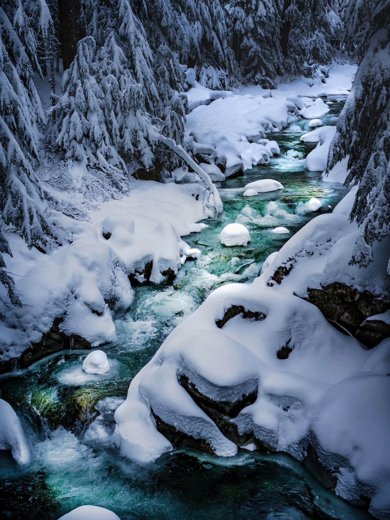 A snow-covered river flowing through a winter forest, with trees heavily laden with snow on either side.