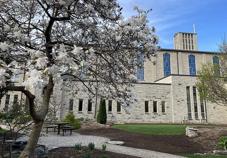 A church with stone walls and tall blue windows, surrounded by trees and a garden with a blossoming tree in spring