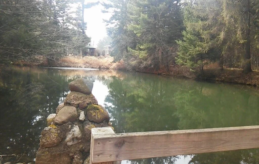 A pond with a stone and moss cairn in the foreground and trees surrounding it, with buildings visible in the background.