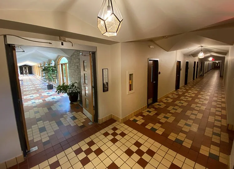 Interior hallway with colorful tiled flooring, spherical hanging light fixtures, and a balcony with plants and wooden railing on the left side.