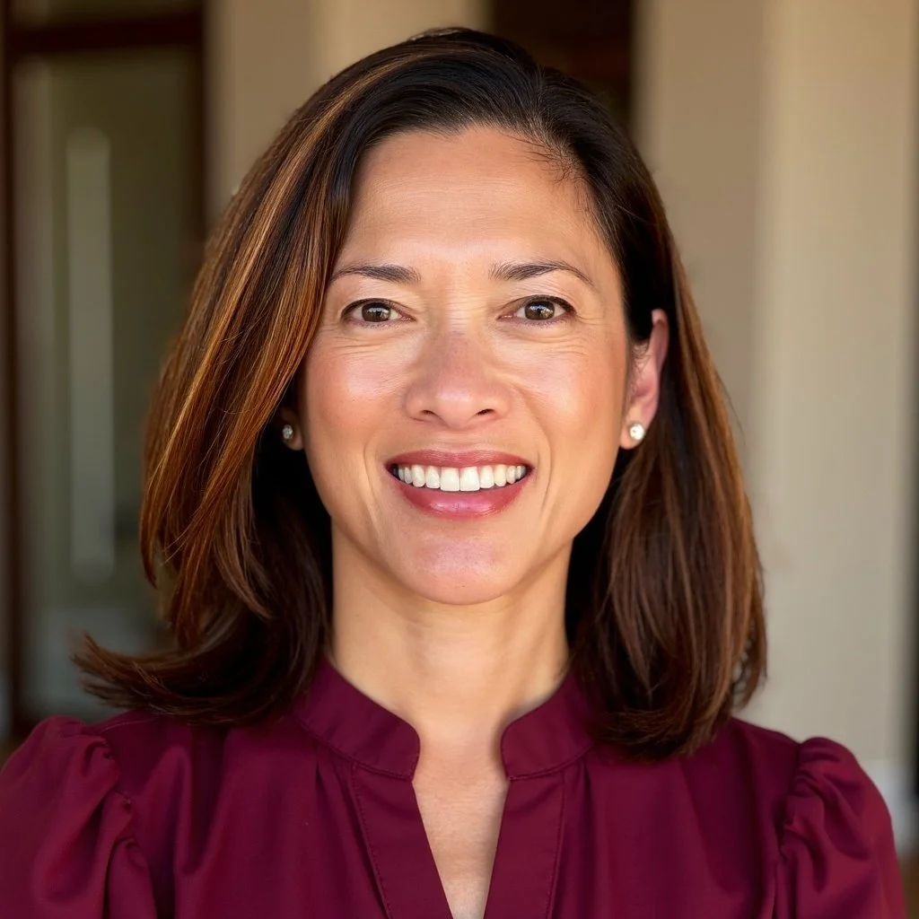 A woman with shoulder-length brown hair, wearing a black blazer over a white top, smiling at the camera against a plain, light-colored wall.
