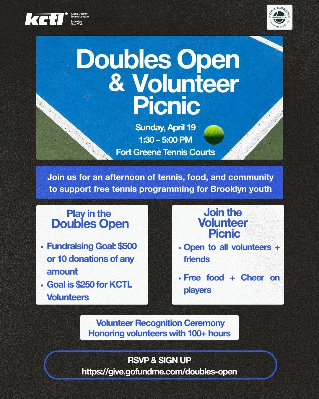 Join us for the Doubles Open &amp; Volunteer Picnic! Come play, eat, cheer, and celebrate the volunteers who make our work possible 

*Players: Fundraise and compete
*Volunteers + friends: Come picnic &amp; cheer
*Everyone: Be part of something meani