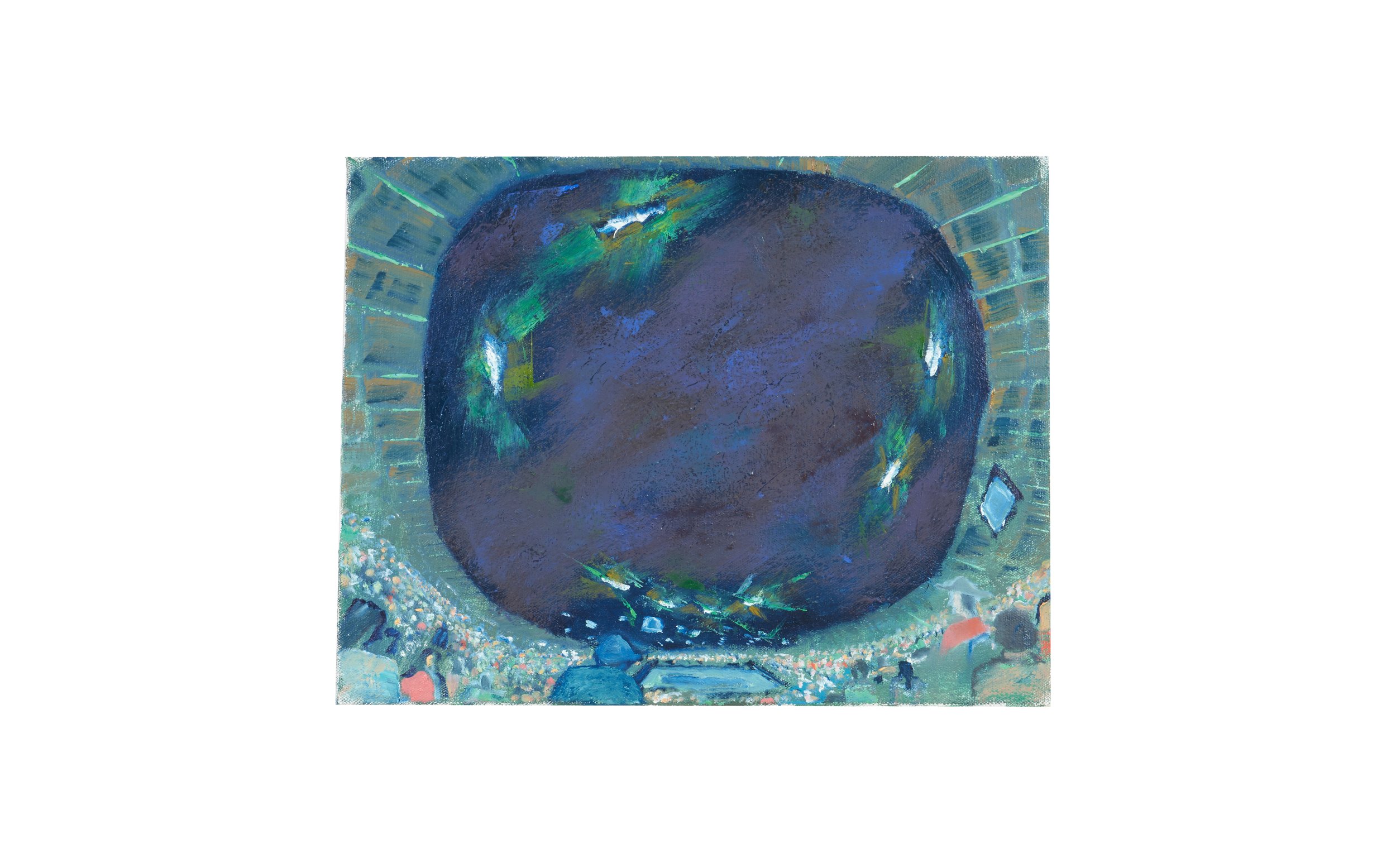 An abstract painting of a large, dark object with reflective, colorful surfaces, resembling a giant gemstone or boulder, surrounded by smaller figures and geometric shapes in a crowd.