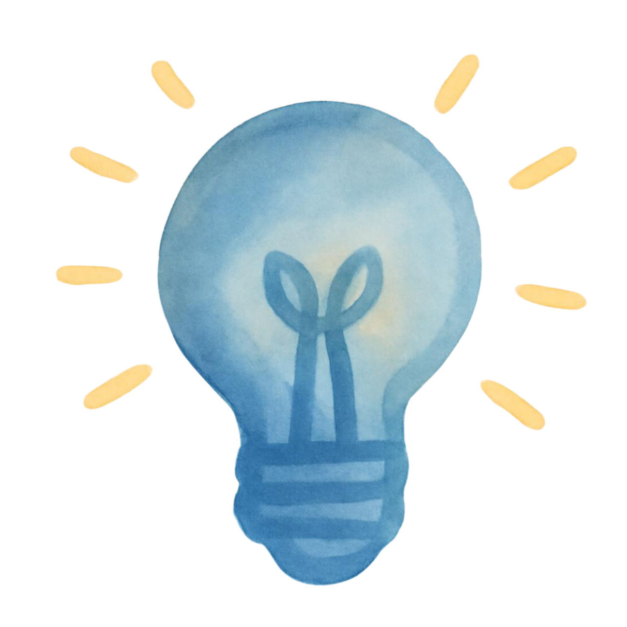 A painted blue light bulb with a simple filament design. Several yellow capsules are surrounding the bulb, with a pink and yellow background.