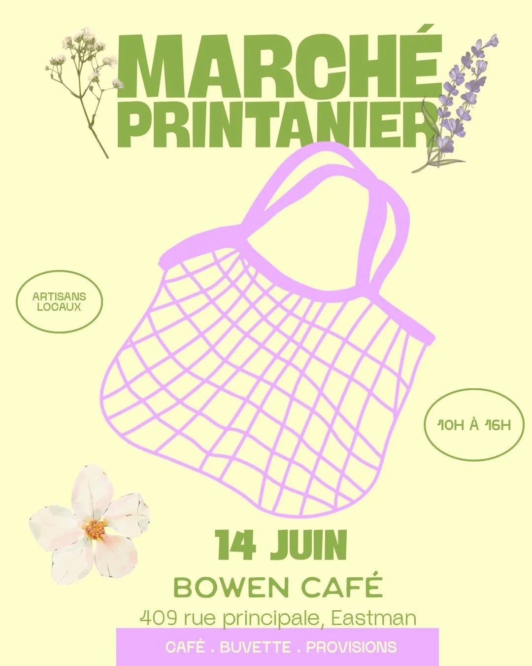 🌸 MARCH&Eacute; PRINTANIER 🌸
dimanche le 14 juin de 10h &agrave; 16h 

Pour souligner l&rsquo;arriv&eacute;e du beau temps et des premi&egrave;res fleurs qui &eacute;closent, nous avons rassembl&eacute; des artisans de la r&eacute;gion qui refl&egr