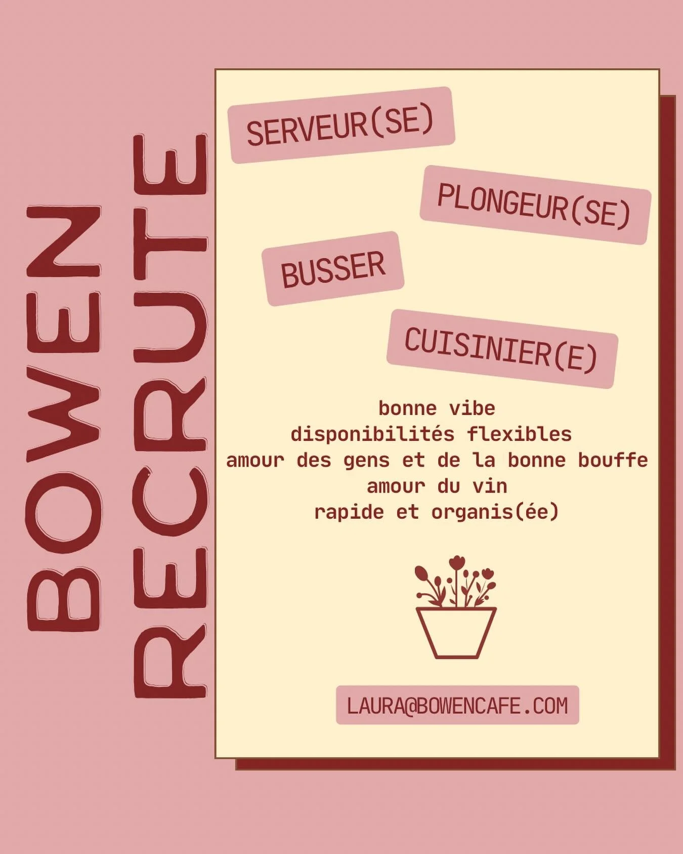 🌞 STAFF POUR L&rsquo;&Eacute;T&Eacute; 🌞

On cherche un.e ou deux serveur.ses d&rsquo;exp&eacute;rience. Si tu aimes le monde et que tu as un int&eacute;r&ecirc;t pour le vin, &eacute;cris-moi! 
On cherche &eacute;galement du staff en cuisine, id&e