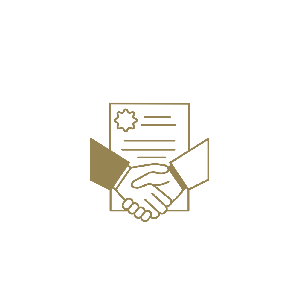 Illustration of a handshake in front of a certificate symbol, representing an agreement or contract.