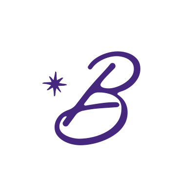 Stylized purple 'B' logo with a starburst on white background.
