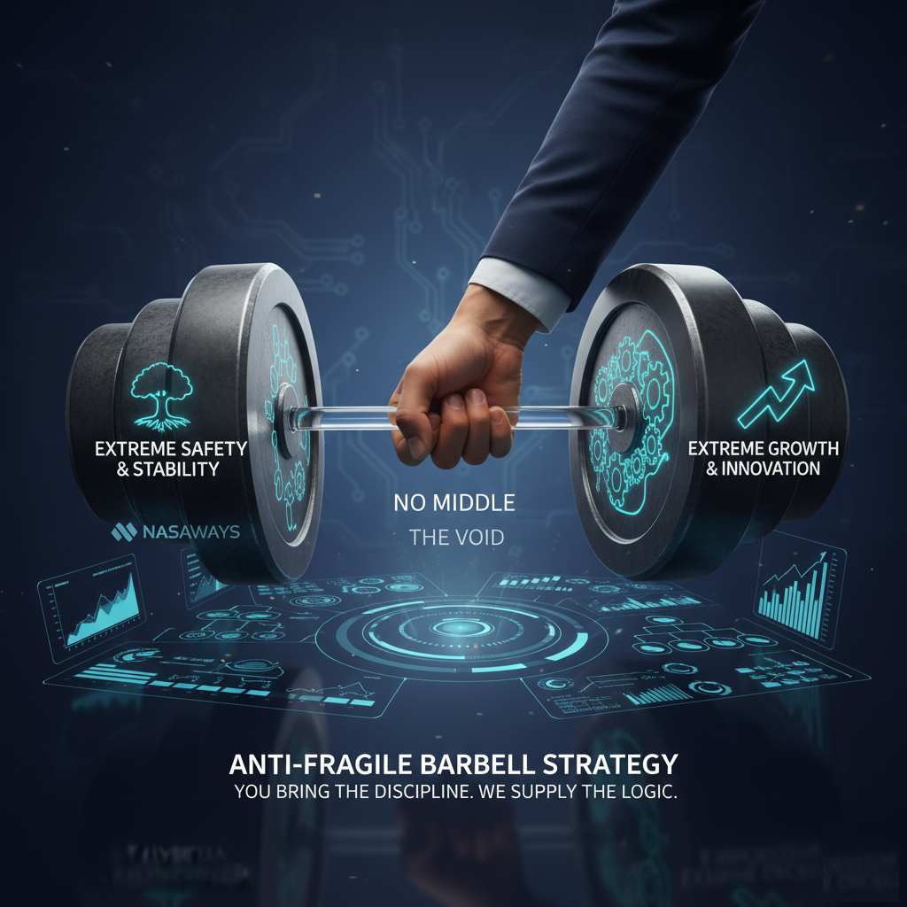 Anti-Fragile Barbell Strategy graphic: Extreme safety (tree icon) and extreme growth (gear icon) with the central "No Middle" concept. Systematic wealth-building.