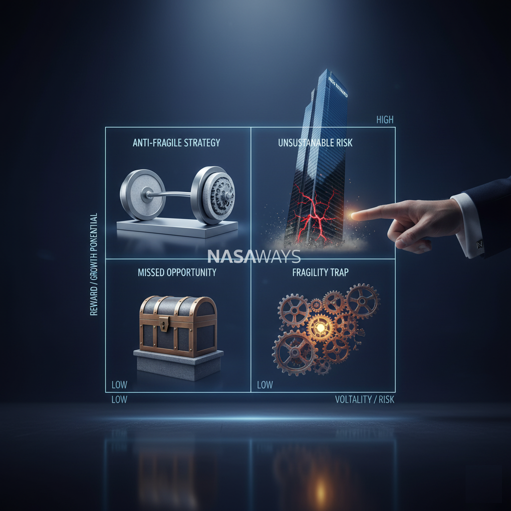 Anti-Fragile Strategy infographic. Visualizing unstable risk (lightning strike) vs. anti-fragile solutions in financial system design.